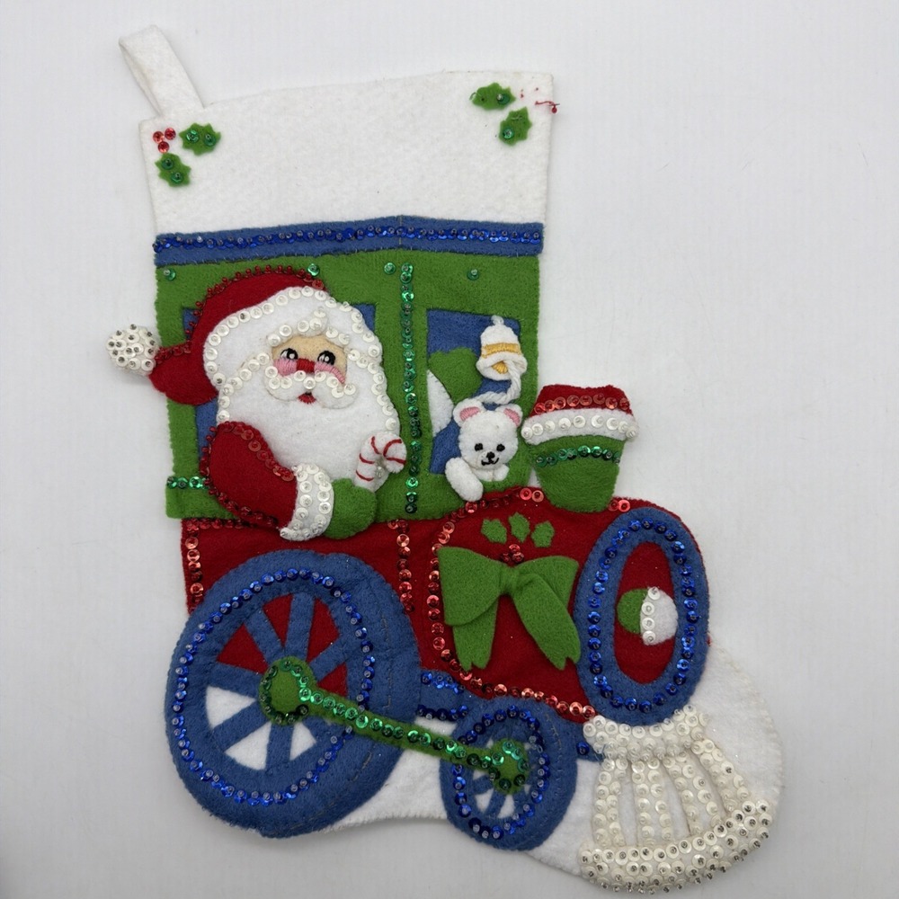 Completed vintage Bucilla Engineer Santa Felt Christmas Stocking 33096